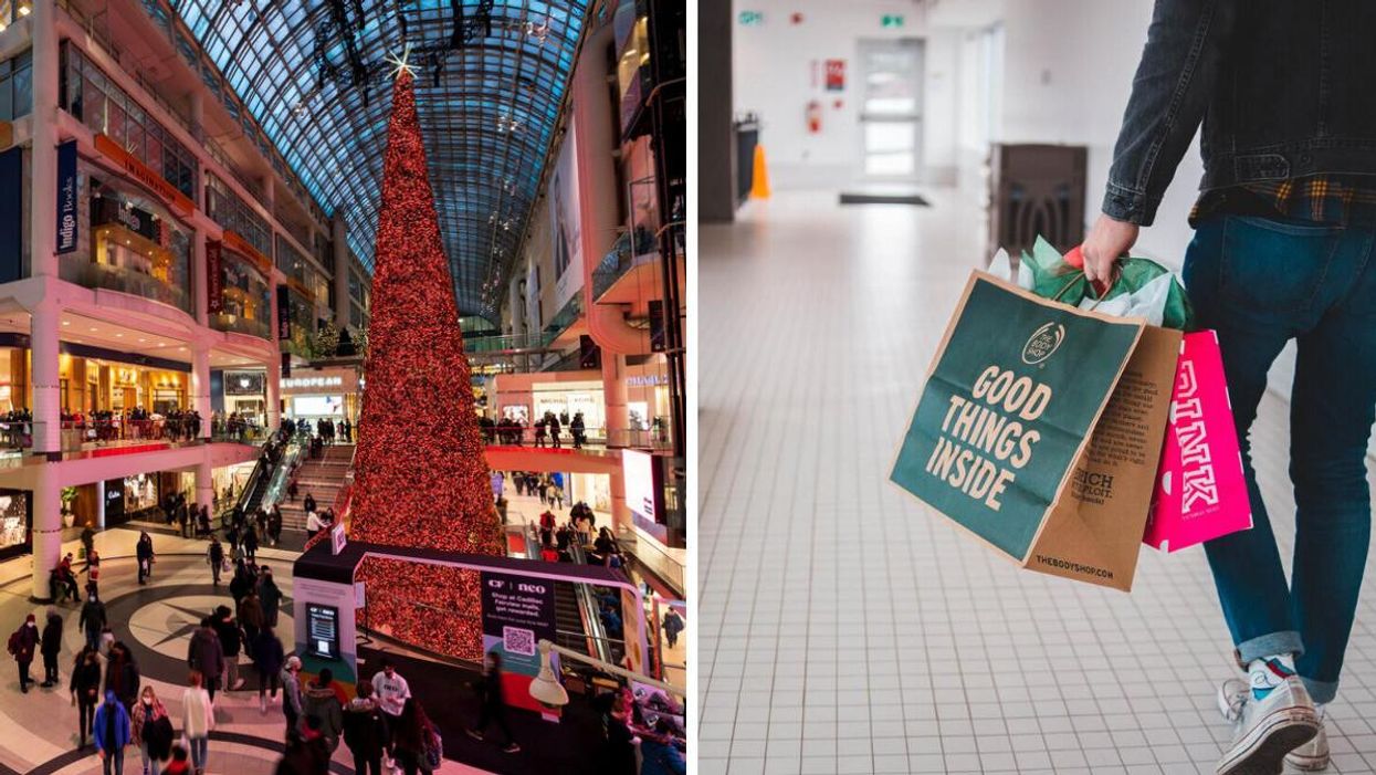 People shopping at the Eaton Centre in Toronto. Right: A person carrying shopping bags.