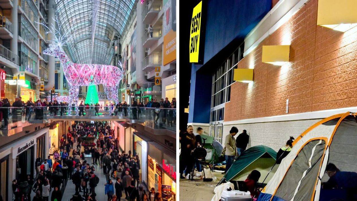 People shopping at Toronto Eaton Centre on Black Friday. Right: People camping outside of a Best Buy for Black Friday in the U.S.