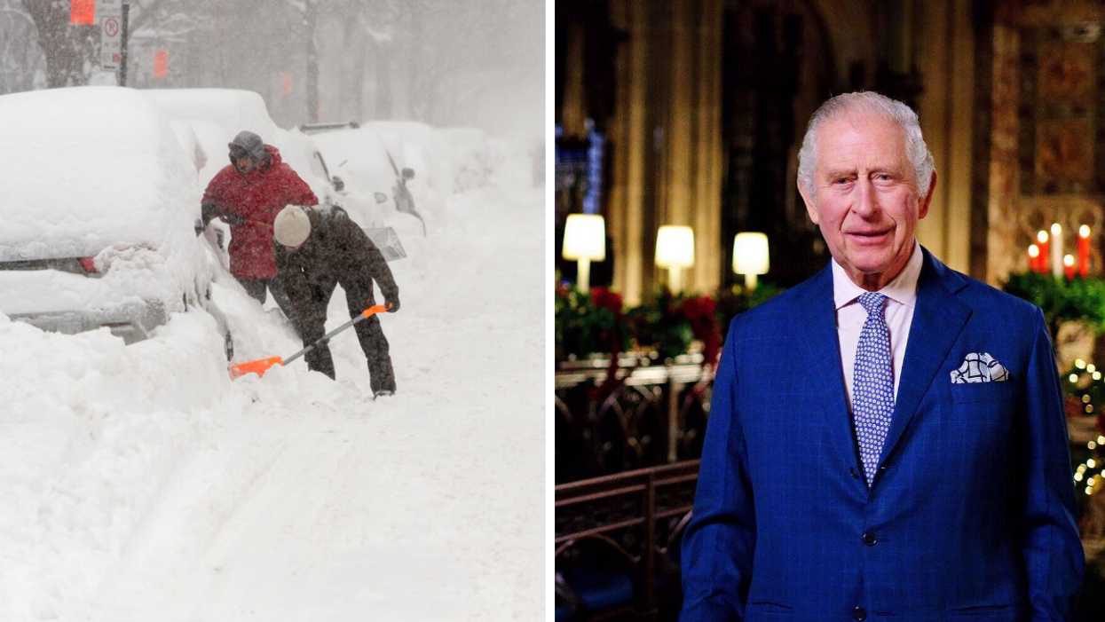People shoveling during a winter storm in Canada. Right: King Charles III.