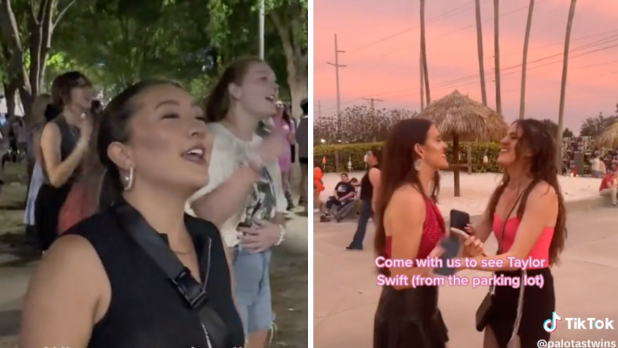 People singing in the parking lot. Right: Two girls outside the Taylor Swift concert.