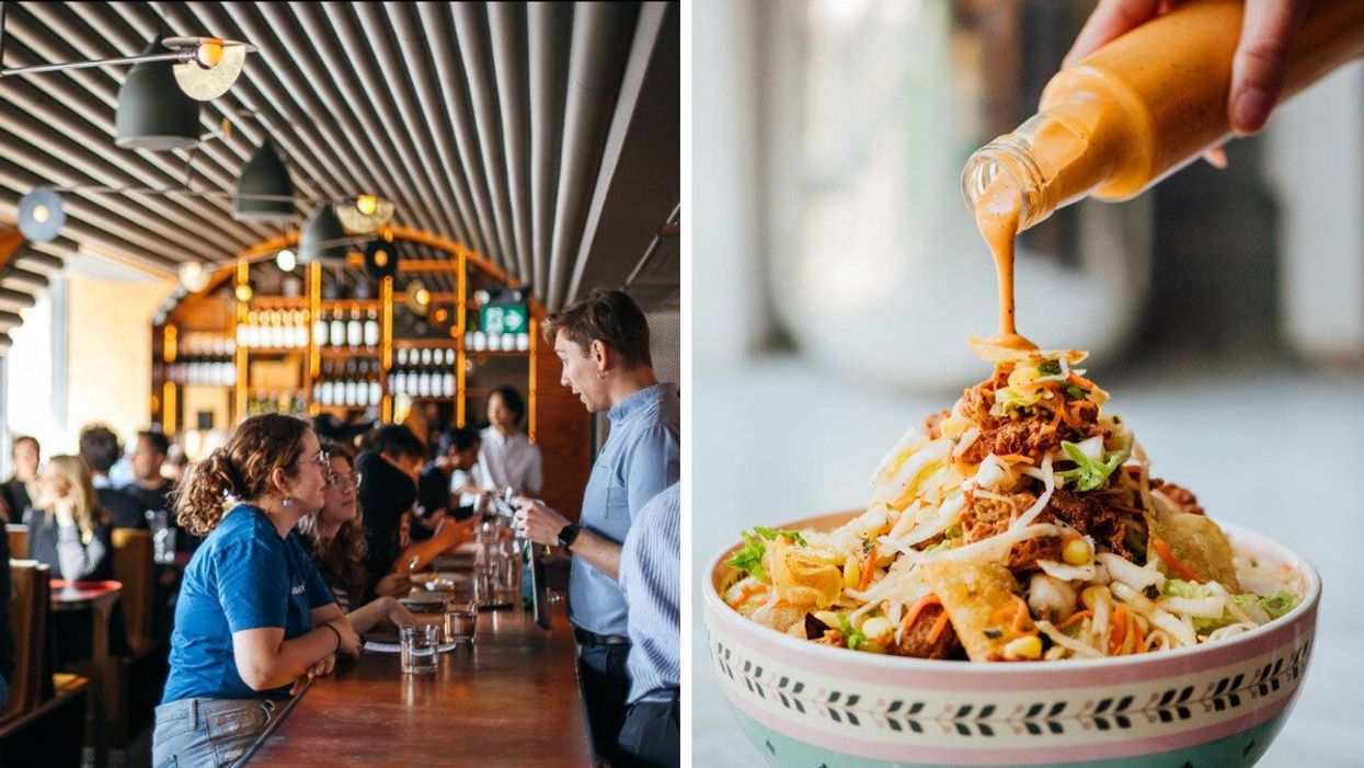 People sitting at a bar in a restaurant ordering from the bartender. Right: Salad dressing being poured on salad.