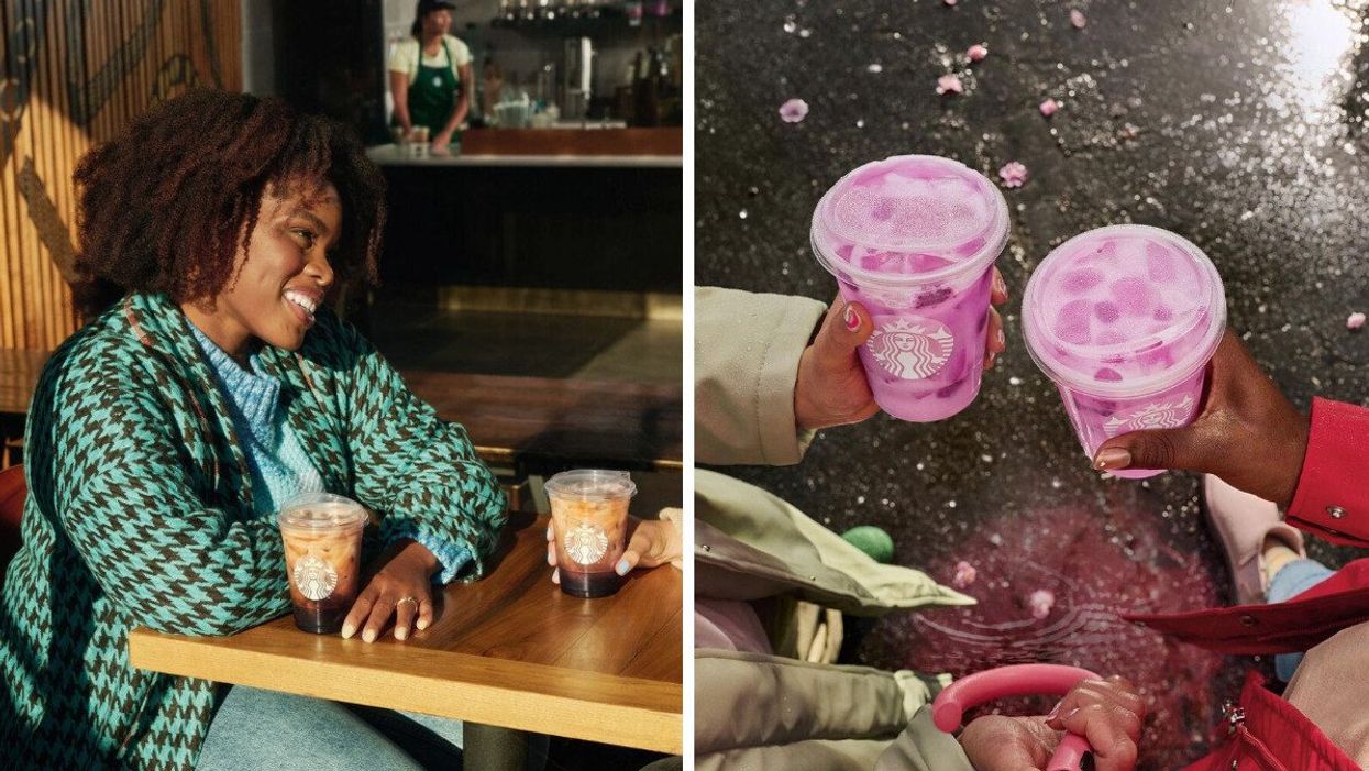 People sitting at a table inside a Starbucks location with iced coffees. Right: People holding Starbucks Dragon Drinks.
