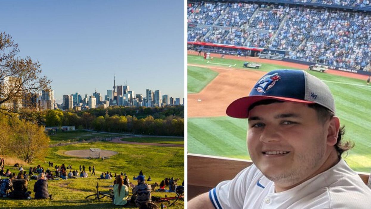 People sitting at Riverdale Park East in Toronto. Right: Narcity's Tomás Keating at a Toronto Blue Jays game.