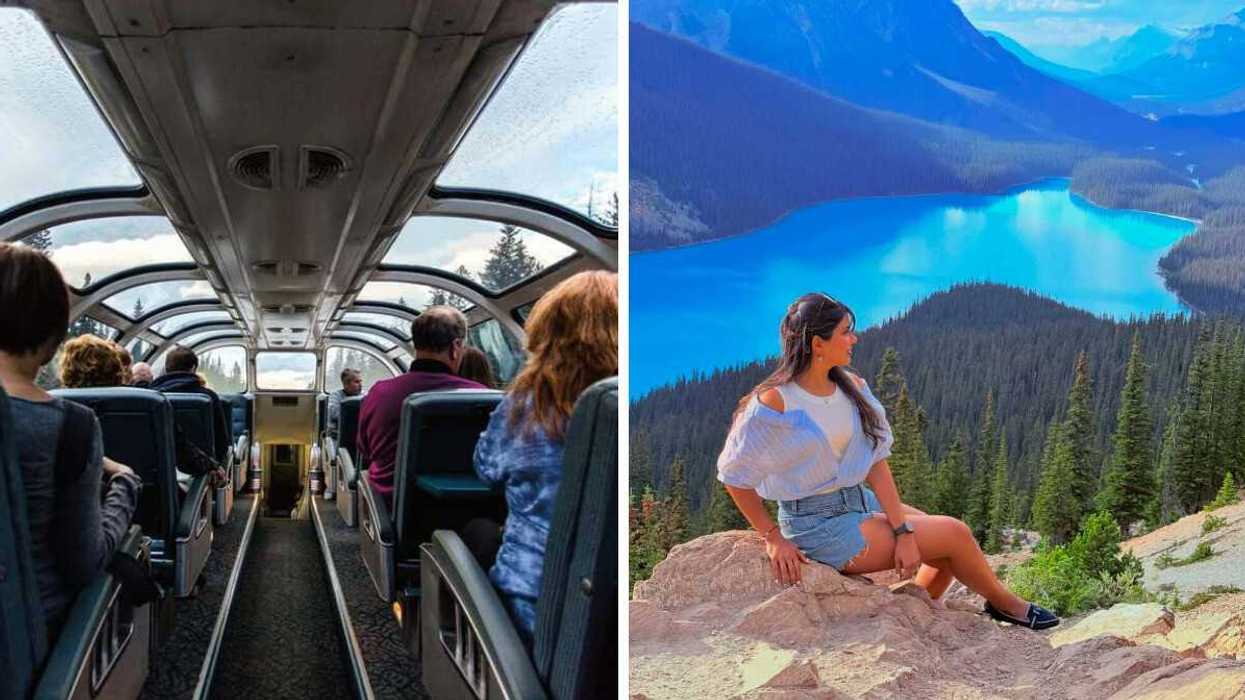 People sitting in a glass-domed train. Right: A person by a vibrant blue lake and mountains.