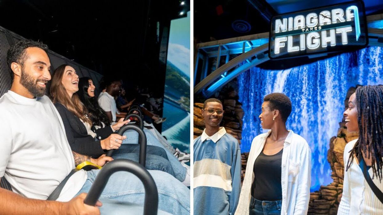 People sitting in a row in a ride. Right: Three people in front of the "Niagara Takes Flight" entrance.