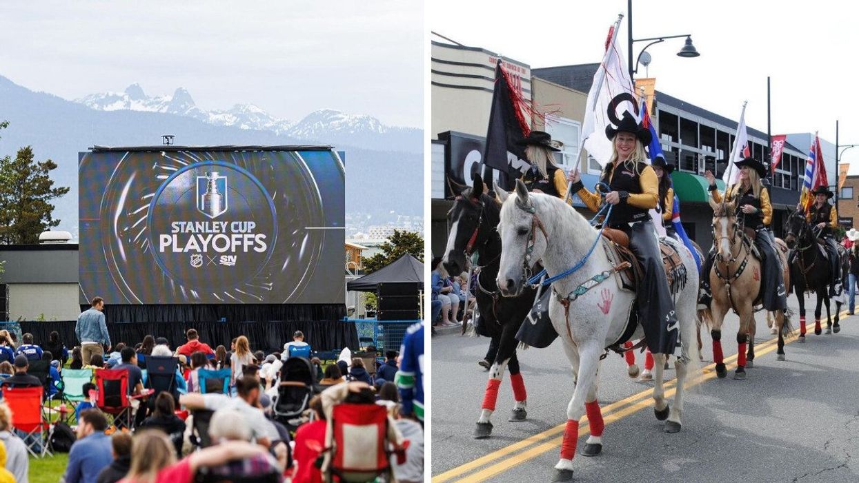 People sitting in lawn chairs in front of a big screen outside that says Stanley Cup Playoffs. Right: Women in cowboy hats on horses and holding flags during a parade.