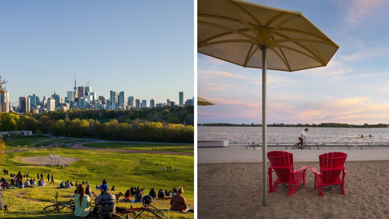 People sitting in the park in Toronto. Right: The beach in Toronto.