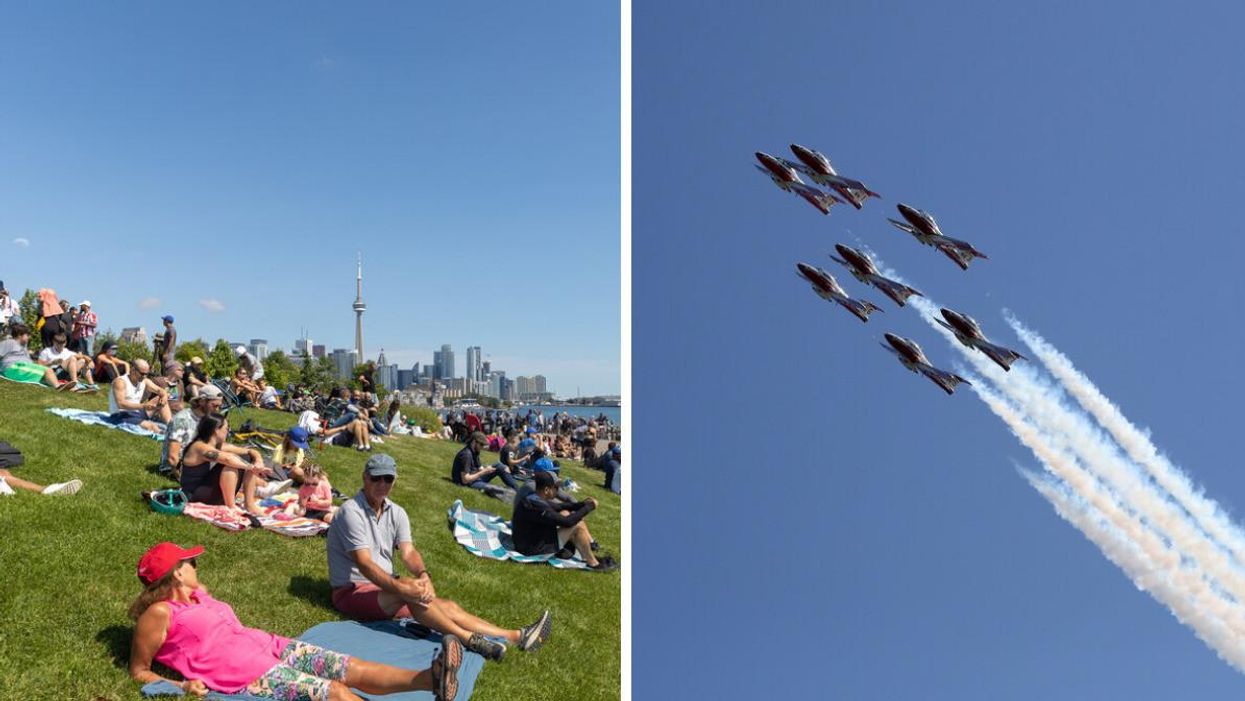 People sitting in Trillium Park waiting for the air show to begin. Right: Labour day air show in Toronto.