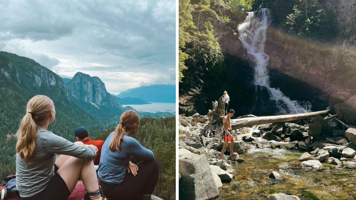 People sitting on a hike lookout. Right: A waterfall.