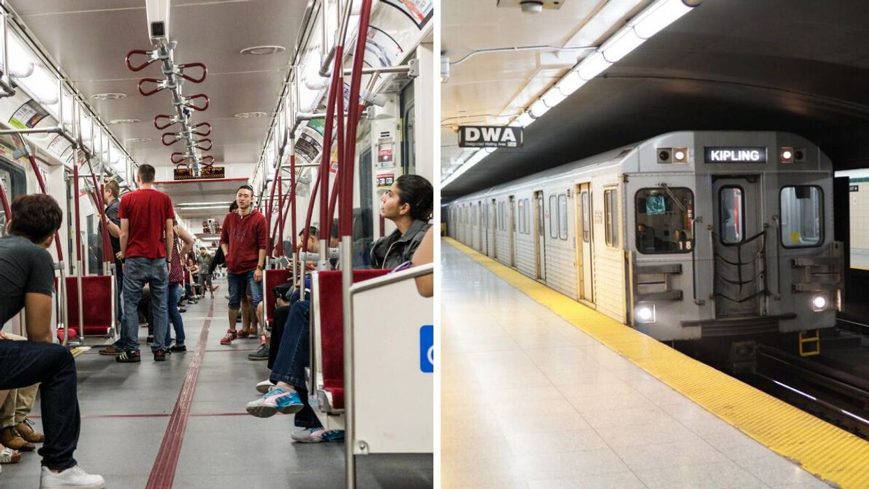People sitting on a TTC train. Right: A TTC subway train.