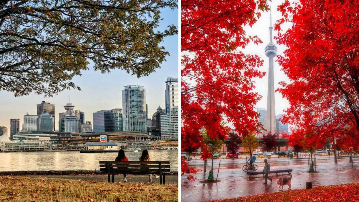 people sitting on bench at vancouver waterfront with skyline in background. right: people on toronto street with red leaf trees in front of cn tower