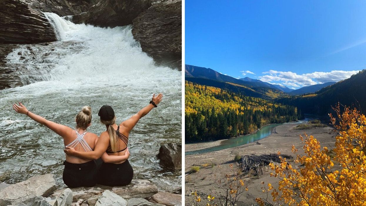 People sitting on rocks by a waterfall in Grand Cache. Right: River and beach backed by tree-covered mountains.