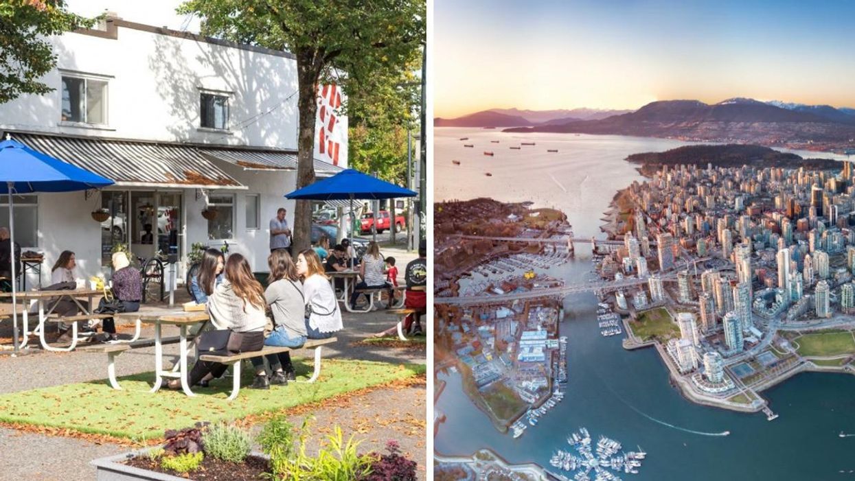 People sitting outside of a cafe. Right: Aerial view of the city of Vancouver.