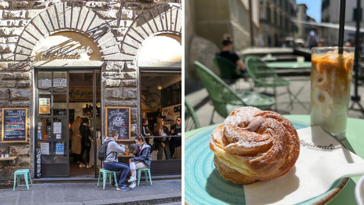 People sitting outside of a café. Right: Cruffin and iced latte.