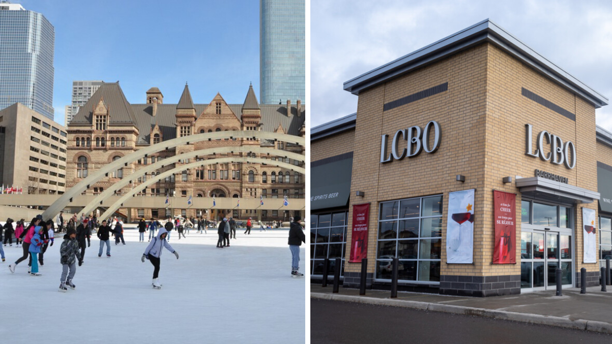 People skating at Nathan Phillips Square. Right: LCBO store.