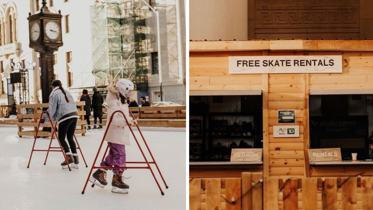 People skating at Union's ice rink. Right: Free rental skate station.