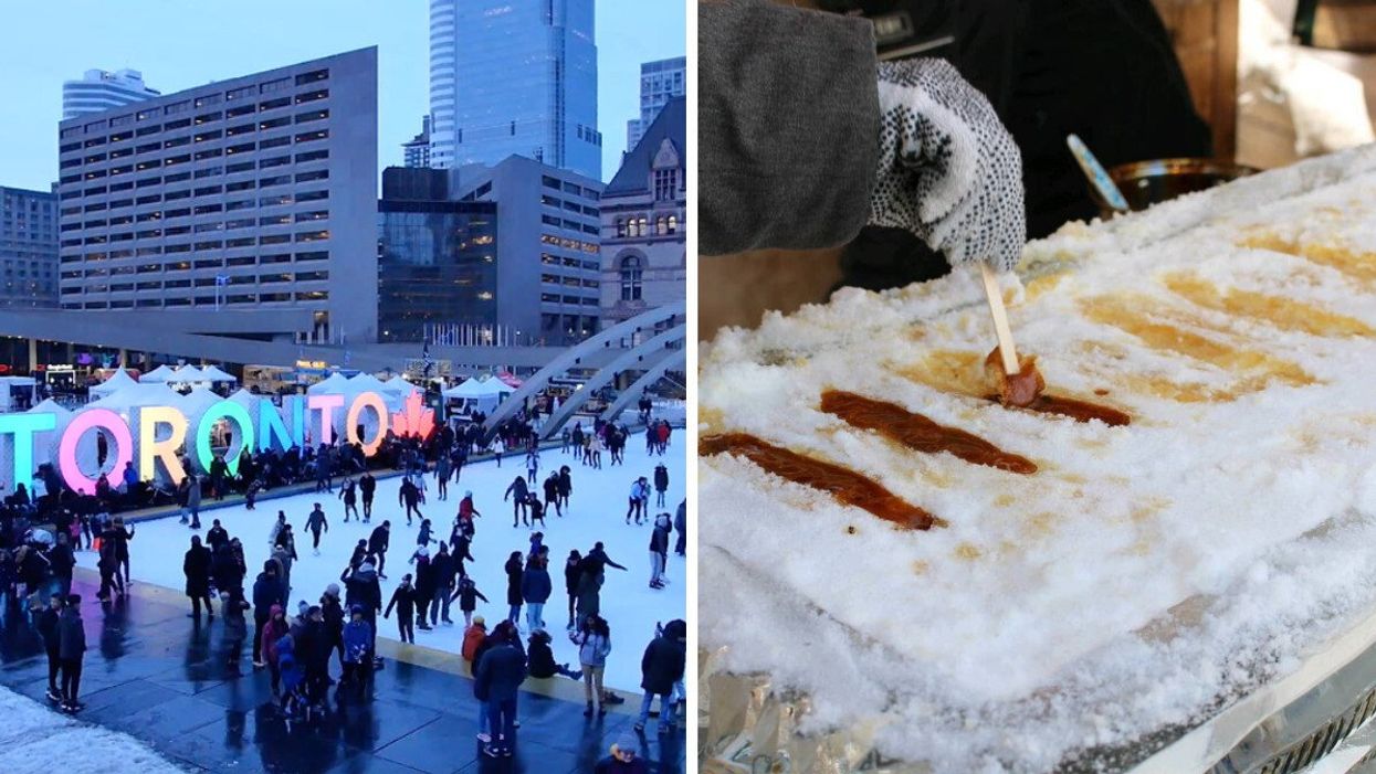 People skating in Toronto. Right: Maple taffy on snow.