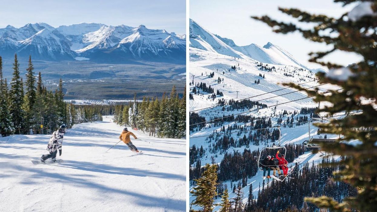 People skiing in Lake Louise. Right: People on a ski lift in Banff.