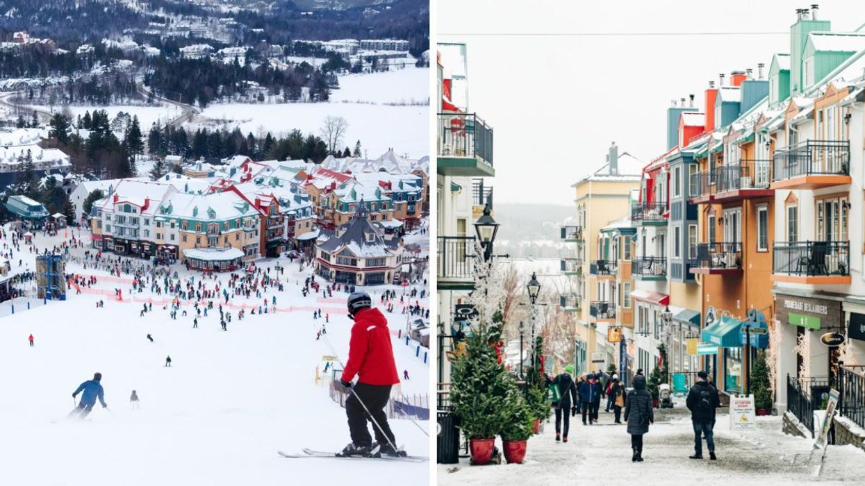 People skiing in Mont Tremblant. Right: Mont Tremblant village.