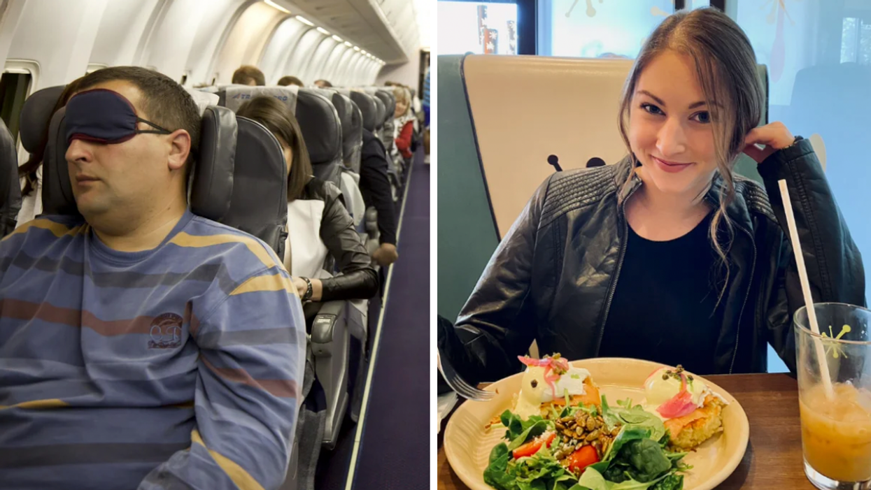 People sleeping on a flight. Right: Narcity Associate Editor Jenna Kelley eating a meal.