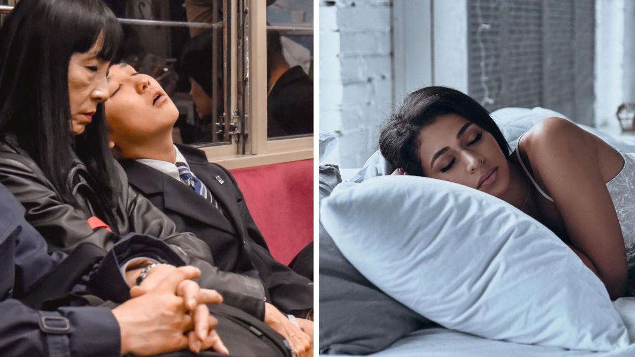 People sleeping on a train. Right: A woman sleeping in bed.