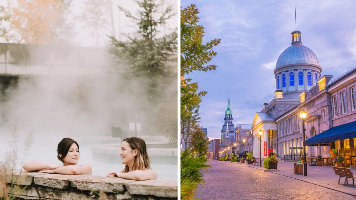 People soak at a spa. Right: A cobblestone street in a Canadian city.