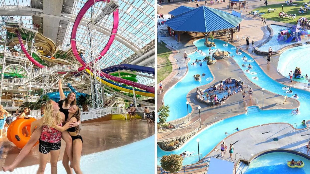 People stand in the West Edmonton Mall waterpark. Right: An aerial view of Cultus Lake Waterpark.