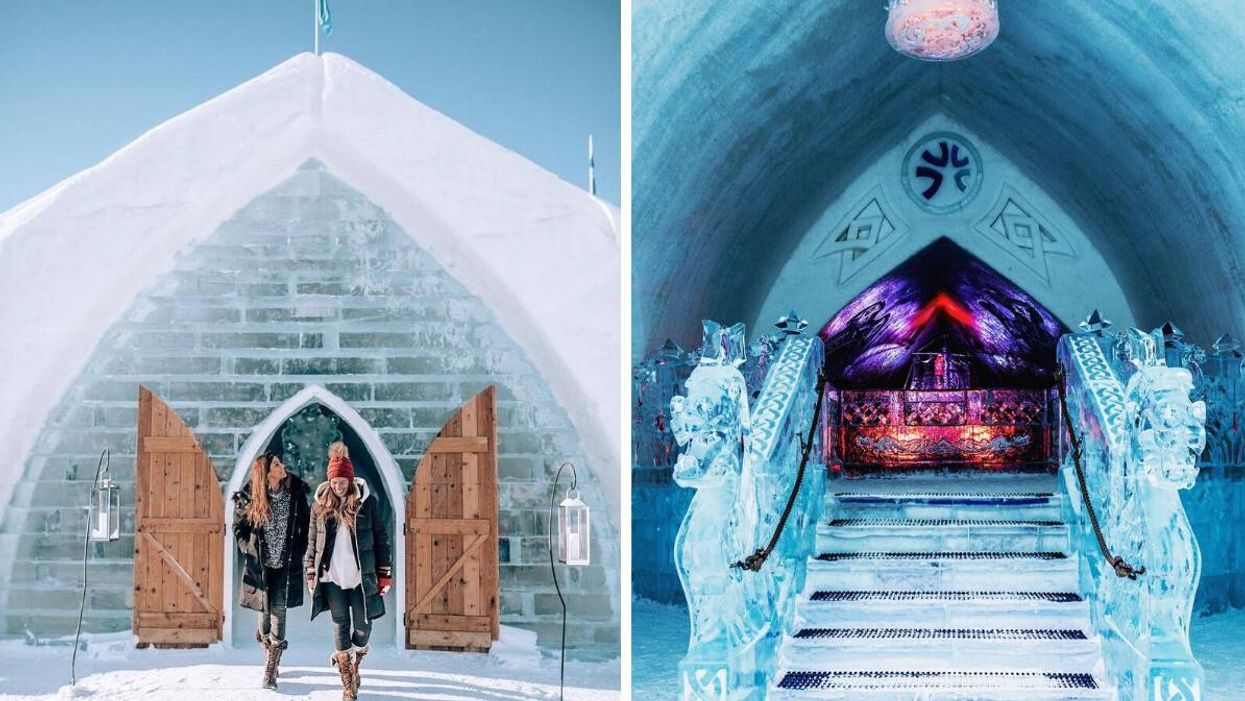 People stand outside the Hôtel de Glace in Quebec. Right: The interior of the Hôtel de Glace.