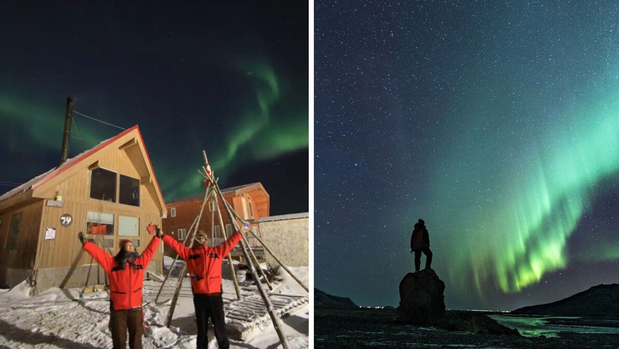 People stand under northern lights at an Airbnb in Mantioba. Right: A person stands under the northern lights.