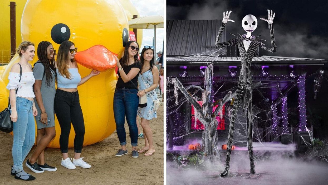 People standing by an inflatable duck. Right: A Halloween decoration.
