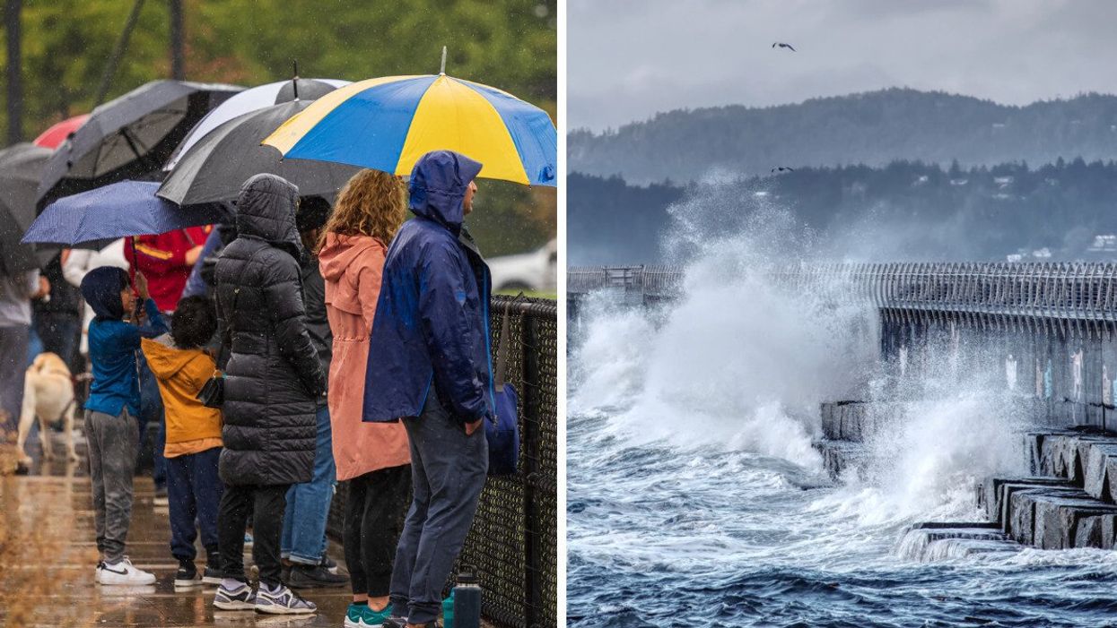 People standing in the rain with umbrellas at a stadium. Right: Heavy winds causing a big wave to hit a the Ogden Point Breakwater in Victoria, BC.