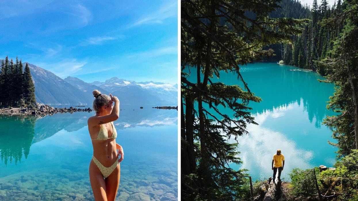 People standing near Garibaldi Lake in Garibaldi Park, B.C.