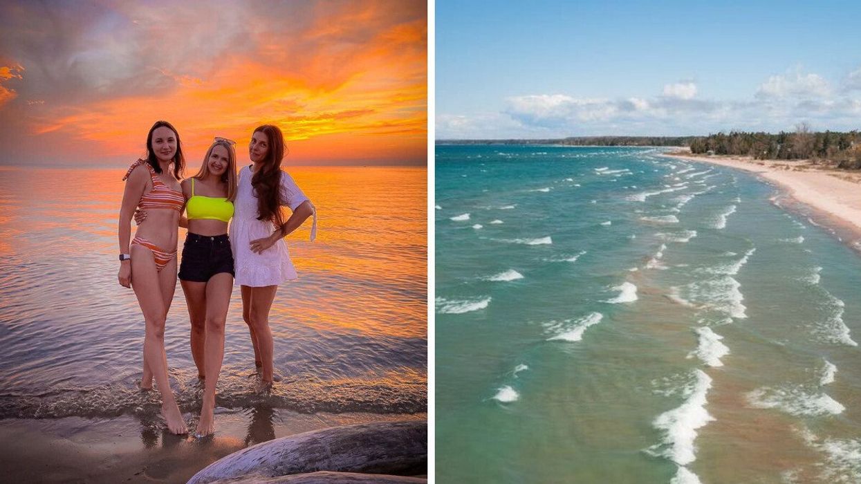 People standing on a beach at sunset. Right: A blue water beach.