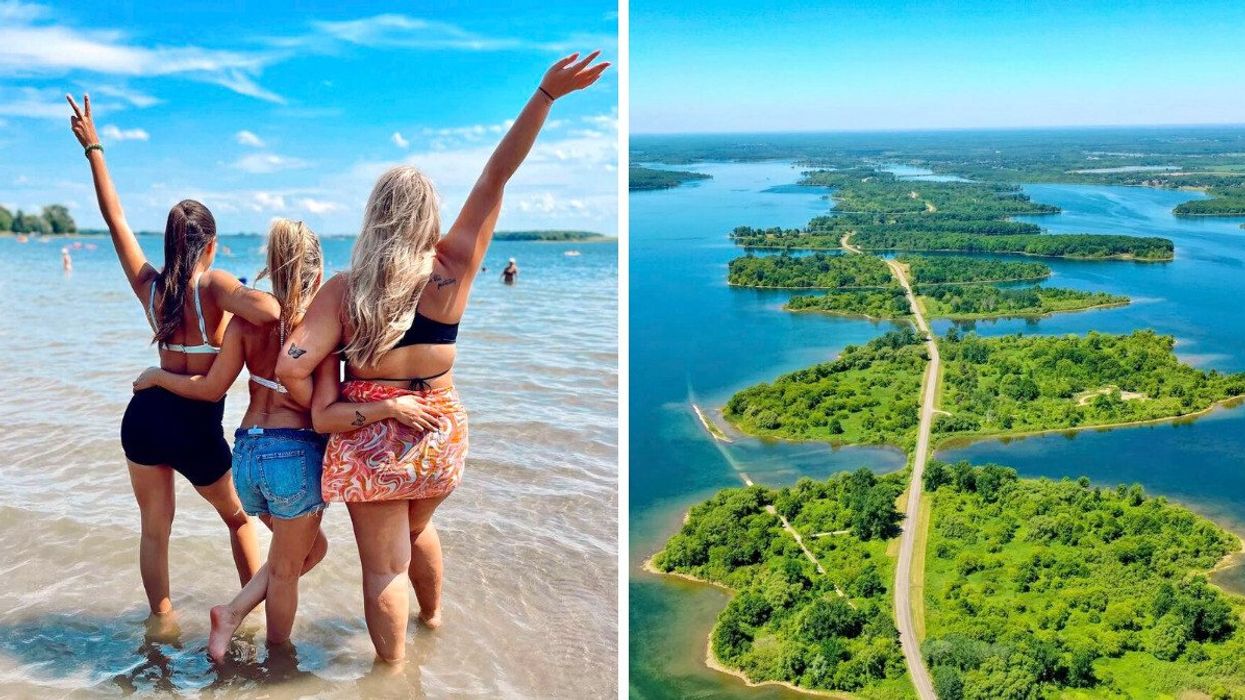 People standing on a beach. Right: A road leading through islands.