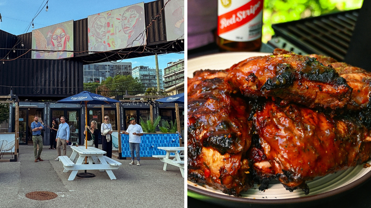 People standing on a modern outdoor patio with picnic tables, umbrellas, and colourful street art murals above shipping container buildings in an urban setting., Right: Close-up of saucy grilled barbecue ribs on a plate with a Red Stripe beer bottle in the background.