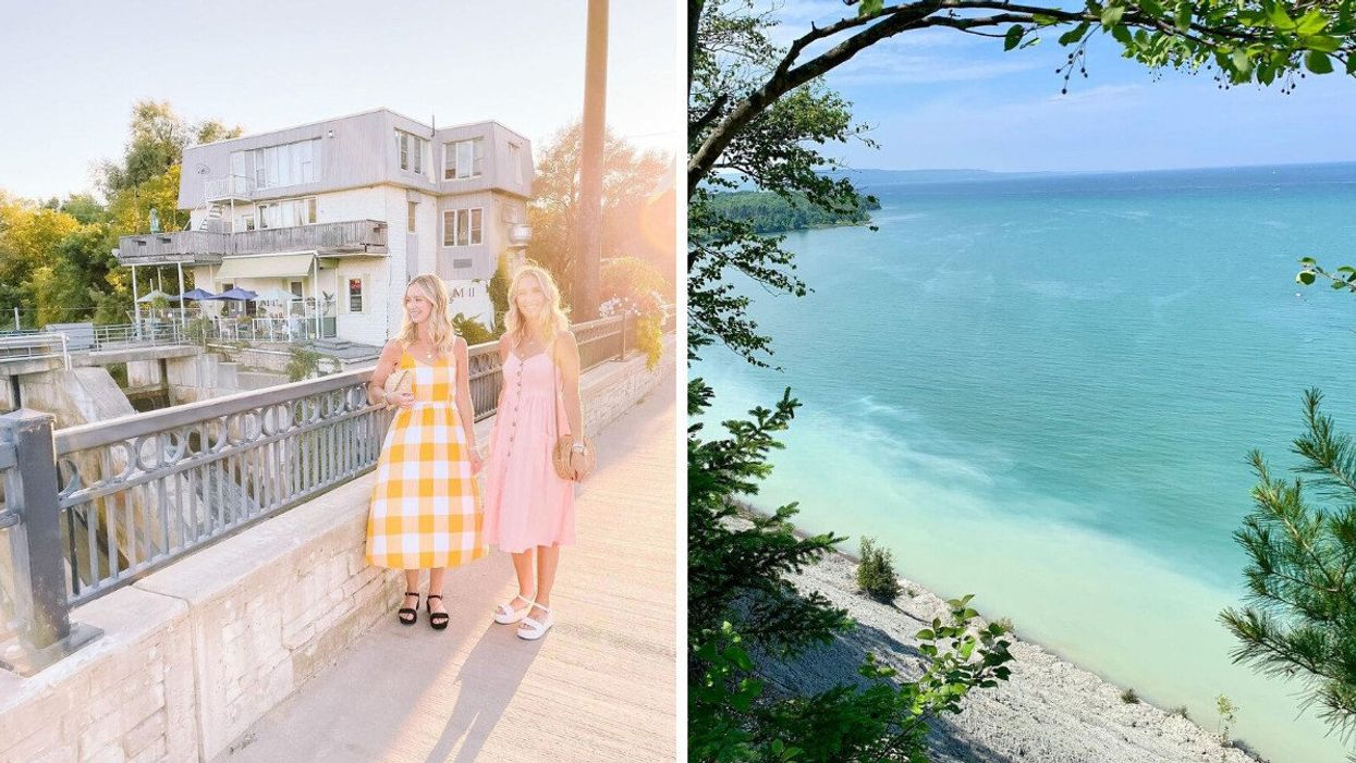 People standing on a street. Right: A blue water beach.
