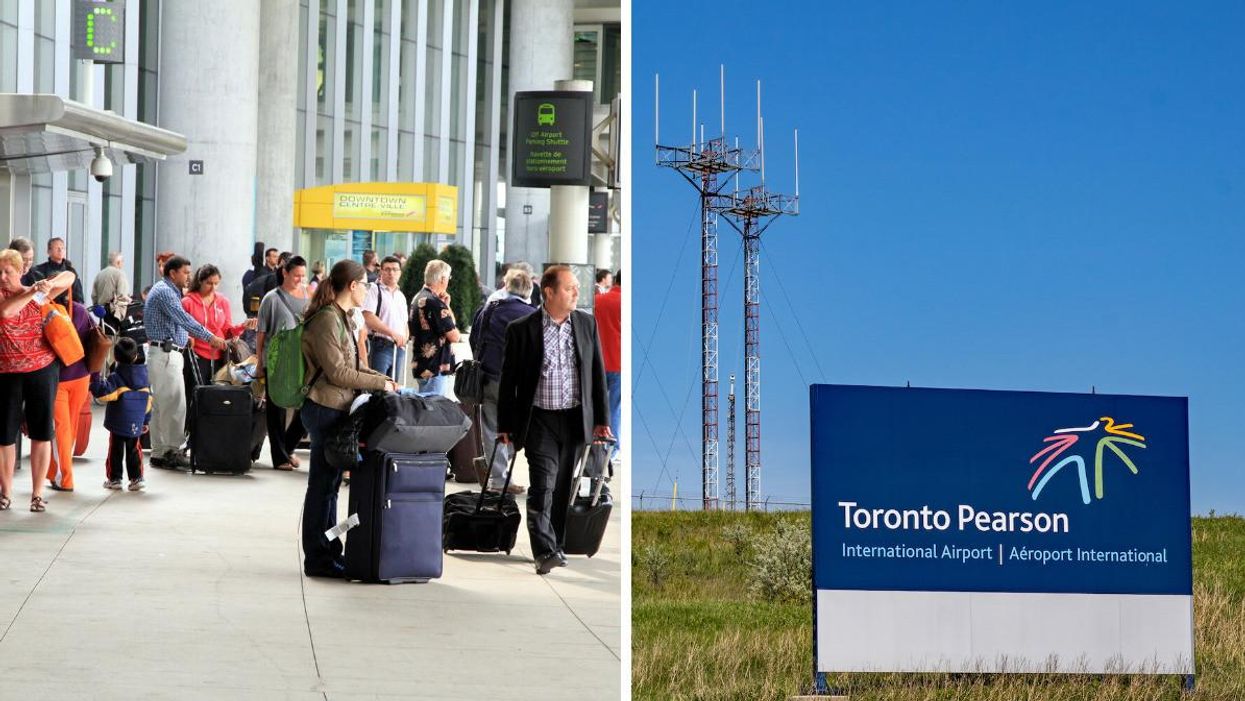 People standing outside the airport. Right: Toronto Pearson Airport sign.