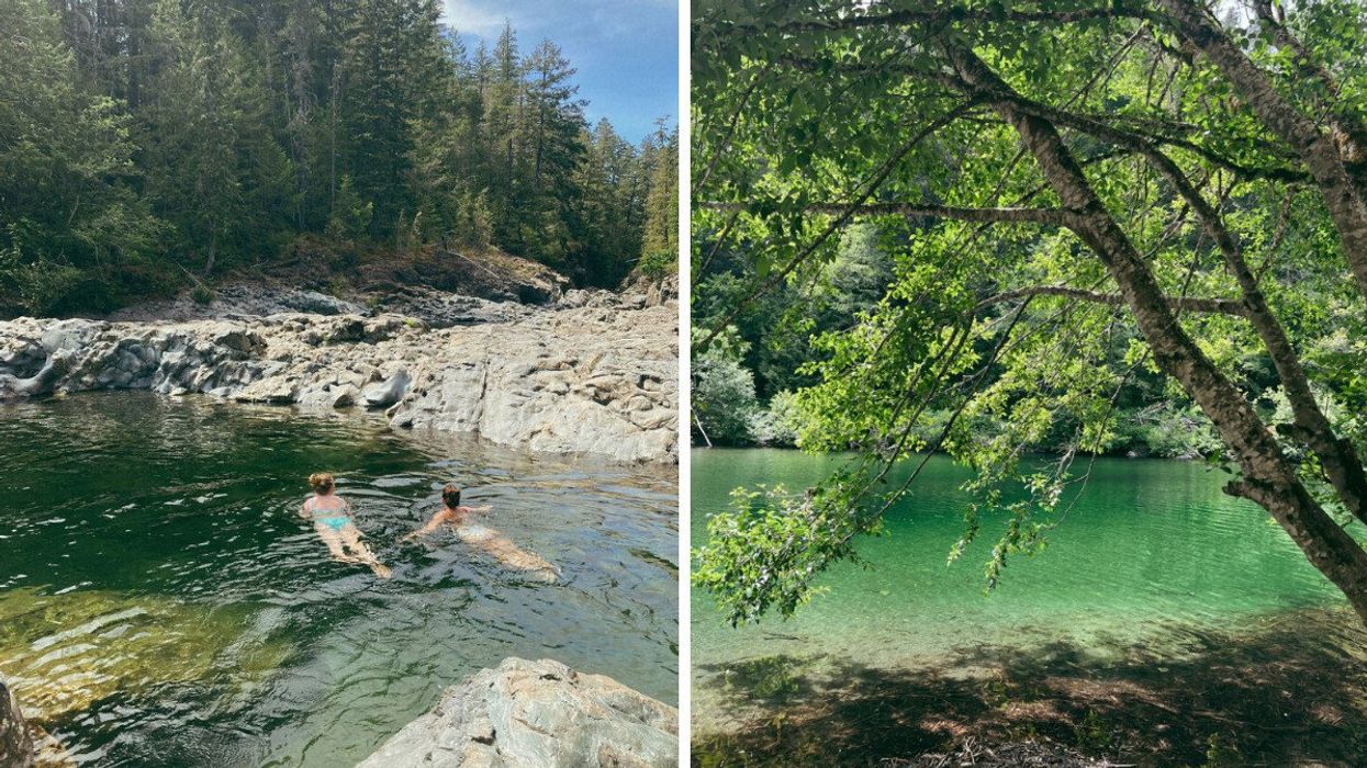People swimming in Sooke Potholes. Right: Sooke Potholes Provincial Park.