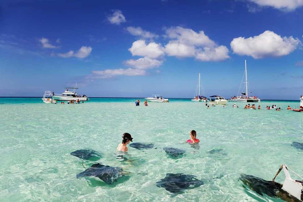 People swimming with stingrays in the shallow green water of Grand Cayman, surrounded by white boats.
