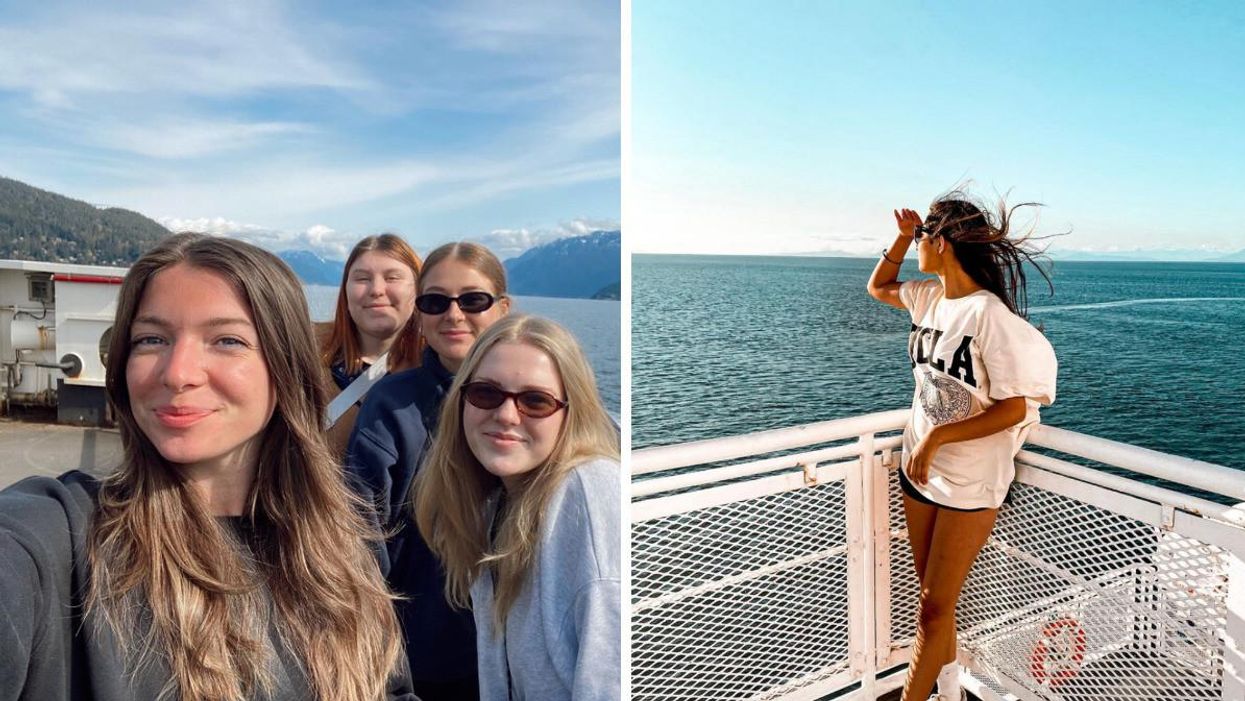 People taking a selfie on BC Ferries. RIght: Person on the deck of BC Ferries.