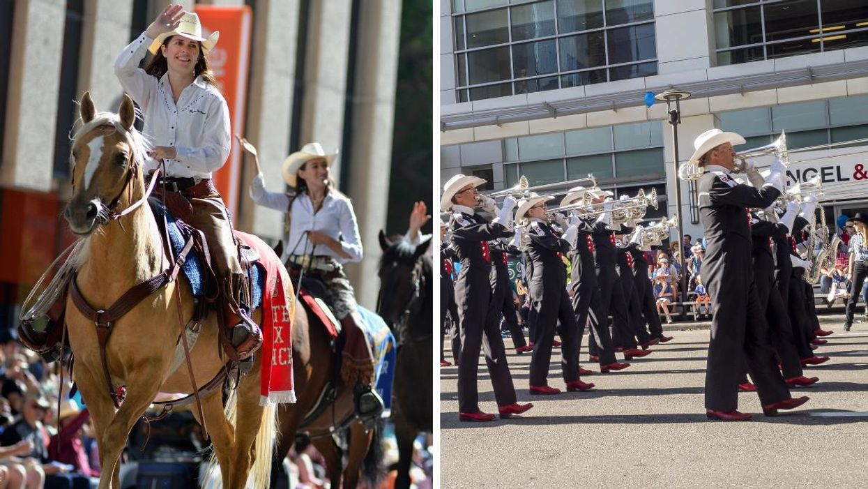 People taking part in the Calgary Stampede Parade. Right: A band in the parade.