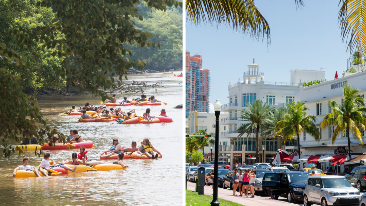 People tubing down the Chatahoochee River. Right: A street in Miami, FL.