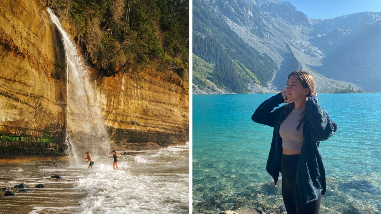 People under a waterfall. Right: Person by a bright blue lake.