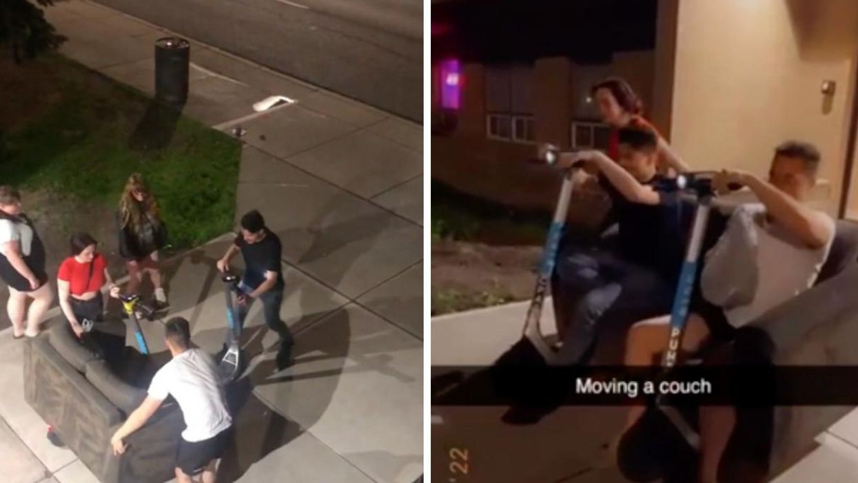 People using scooters to move a couch in Calgary.