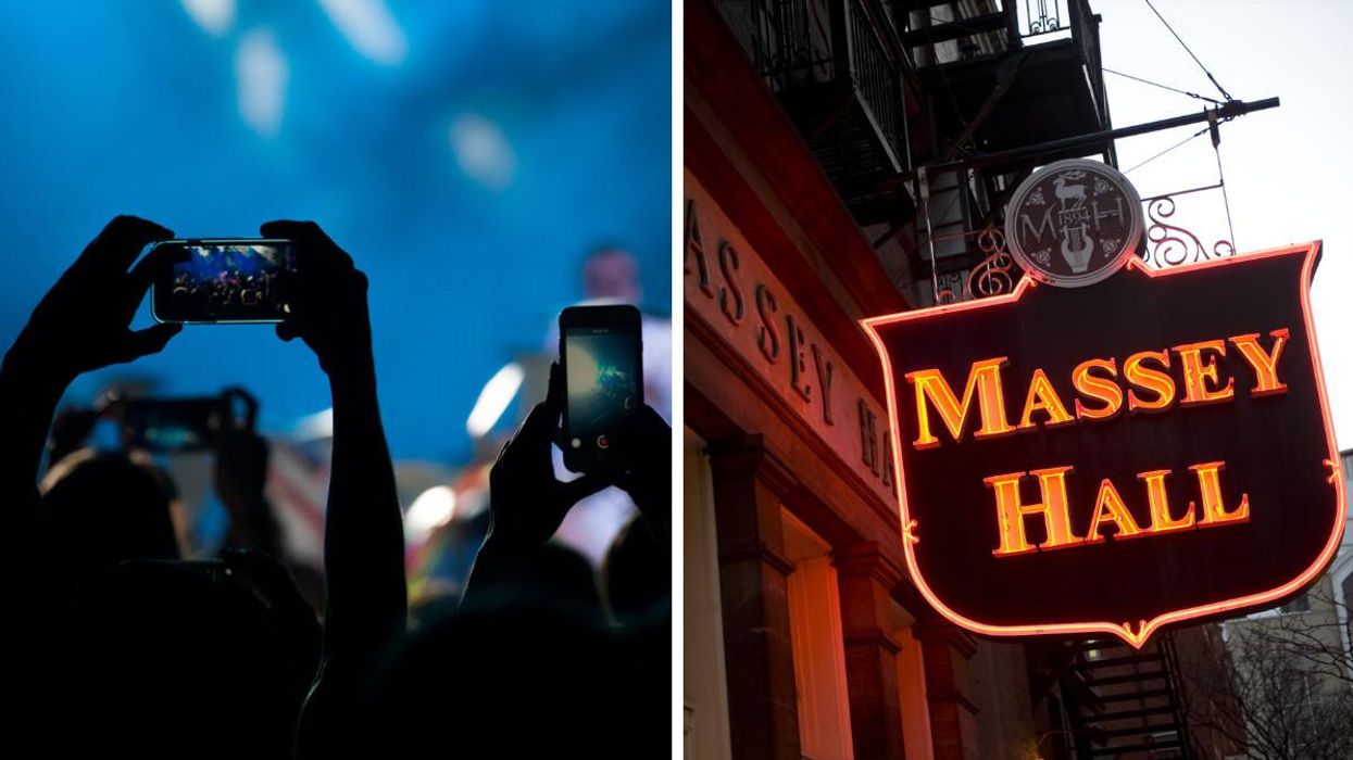 People using their phones at a concert. Right: Massey Hall sign in Toronto.