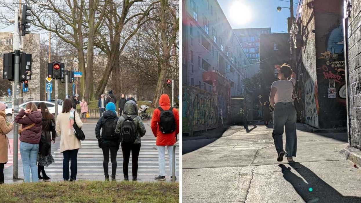 People waiting at a cross walk. Right: Person walking down a street.