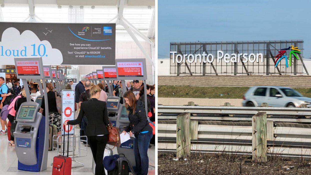 People waiting by the check-in kiosks at Toronto Pearson Airport. Right: Toronto Pearson Airport sign.