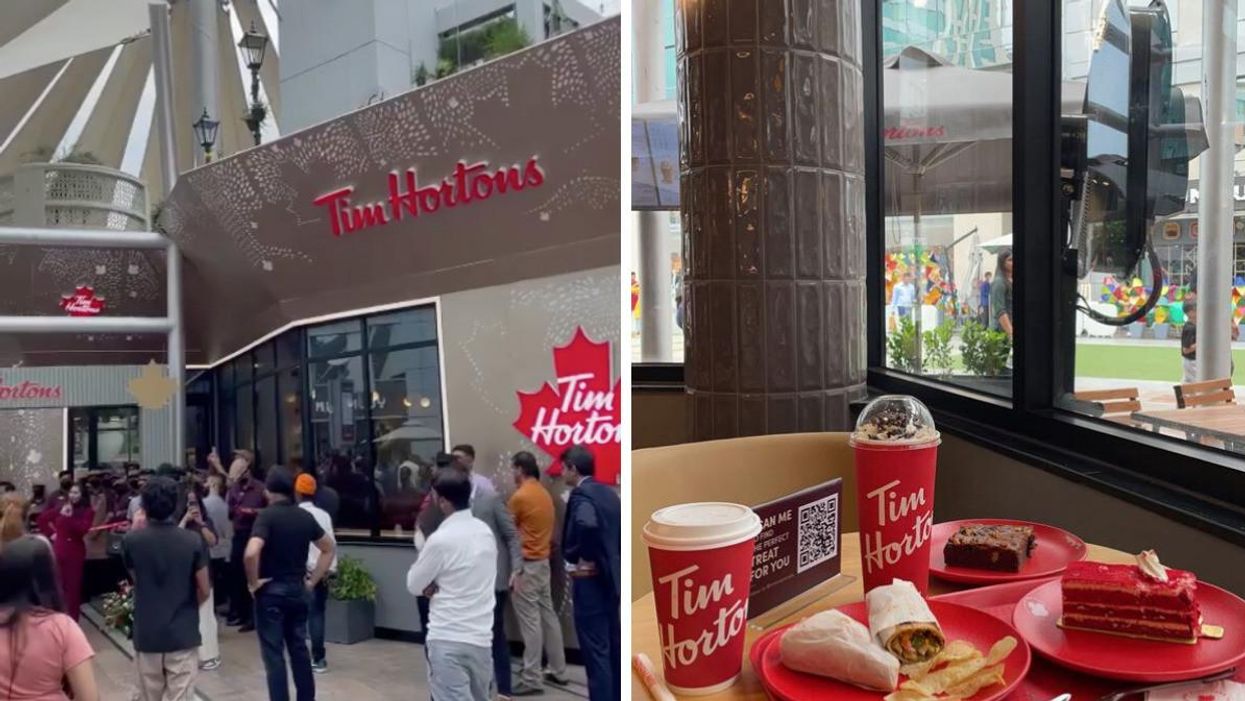 People waiting outside the Tim Hortons in Delhi. Right: Food and drinks at the Indian Tim Hortons.