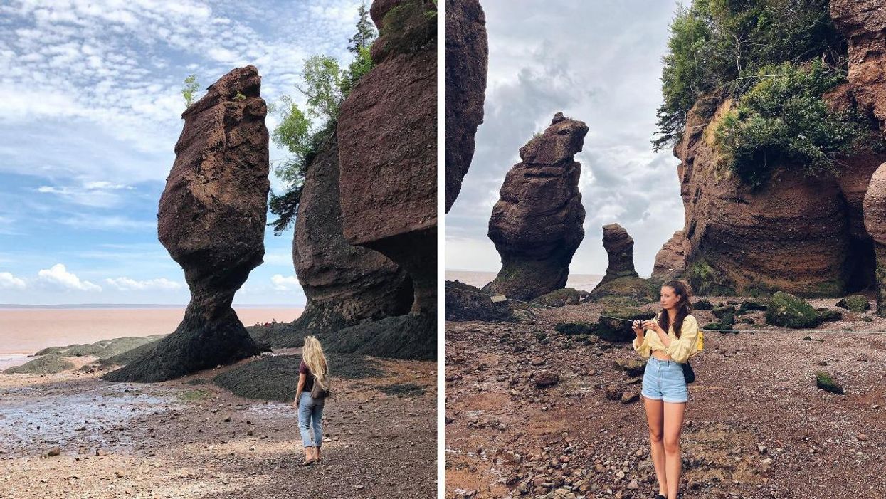 People walk on the ocean floor at Hopewell Rocks Provincial Park in New Brunswick.
