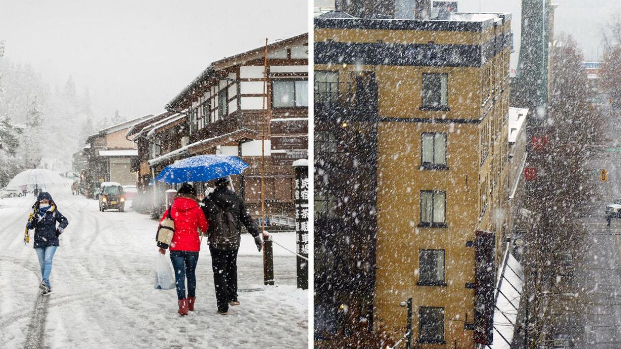 People walk through a snowstorm holding umbrellas. Right: Snowing in downtown Vancouver.
